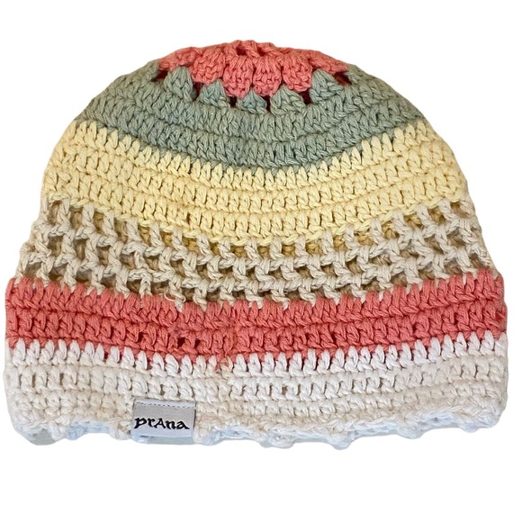 Prana Other - Prana Striped Crochet Knit Beanie Hat Cream Peach Yellow Green Youth Kids Girls